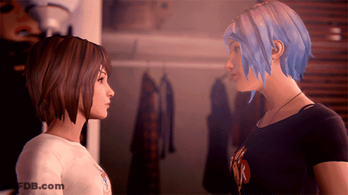 Blue-Haired Girl And Brown-Haired Girl Looking At Each Other GIF