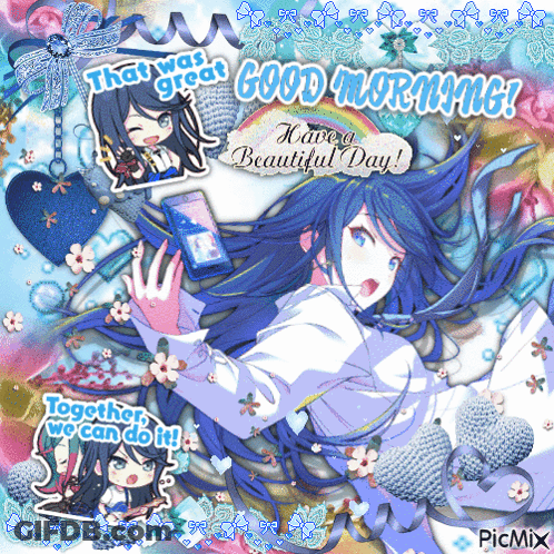 Blue-Haired Girl Holding Phone Saying Good Morning GIF