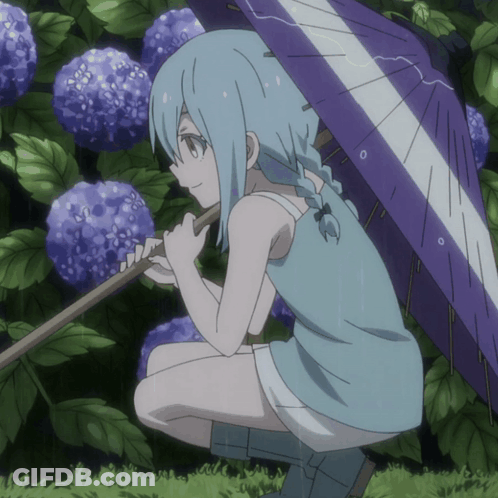 Blue Haired Girl Holding Purple And White Umbrella GIF