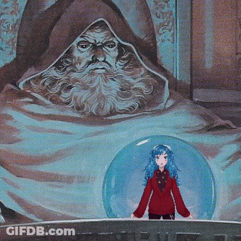 Blue-Haired Girl In Front Of Bearded Man Statue GIF