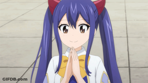 Blue Haired Girl Red Ears Smiling Hands Folded GIF