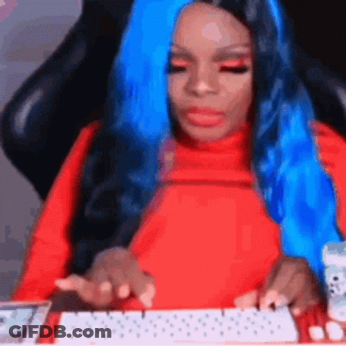 Blue Haired Lady Chewing Typing Fast GIF
