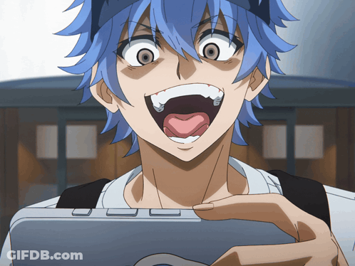 Blue-Haired Man Holding Game Controller Mouth Open GIF