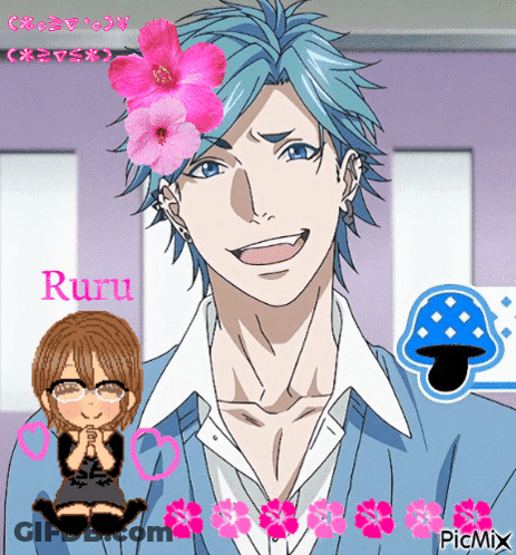 Blue Haired Man With Pink Flower And Ruru GIF