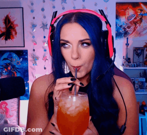Blue-Haired Woman Drinking Through Straw GIF