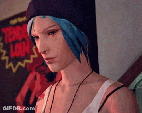 Blue-Haired Woman In Front Of Trade Loin Sign GIF