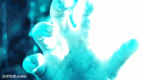 Blue Hand Reaching Toward White Light GIF
