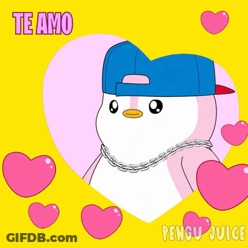 Blue Hat Penguin With Chain Te Amo Hearts GIF