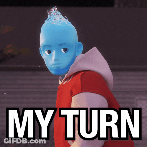 Blue Head Cartoon Saying My Turn GIF