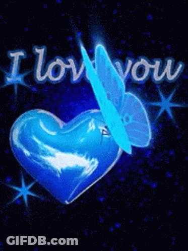 Blue Heart With Blue Butterfly Saying I Love You GIF