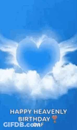 Blue Heart With Wings Floating In Clouds GIF