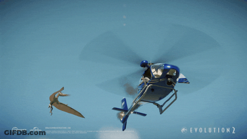 Blue Helicopter Flying With Dinosaur Tail Evolution 2 GIF