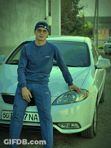 Blue Hugo Boss Sweatshirt Man Leaning On White Car GIF