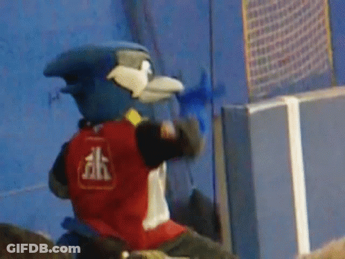 Blue Jay Mascot In Red And White Shirt With Letter H GIF