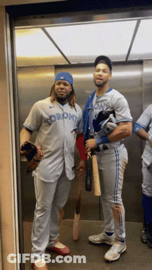 Blue Jays Baseball Players Waving Inside Elevator GIF