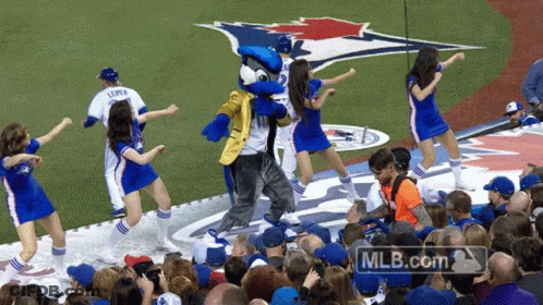 Blue Jays Mascot Dancing With Cheerleaders GIF