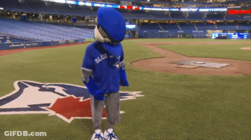 Blue Jays Mascot Standing On Baseball Field GIF