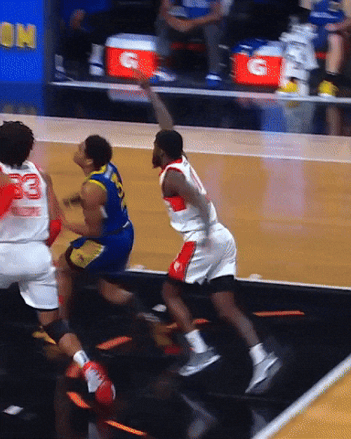 Blue Jersey Jordan Poole Tried To Block Shot GIF