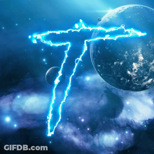 Blue Lightning Bolt Letter T With Planets GIF