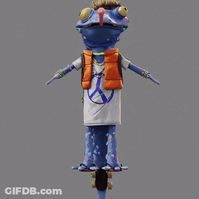 Blue Lizard With Long Tongue On Roller Skates GIF