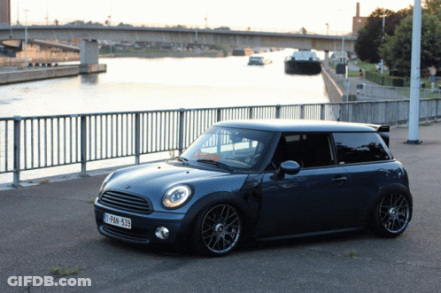 Blue Mini Cooper With License Plate T Pan 506 GIF