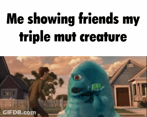 Blue Monster Me Showing Friends My Triple Mut Creature GIF