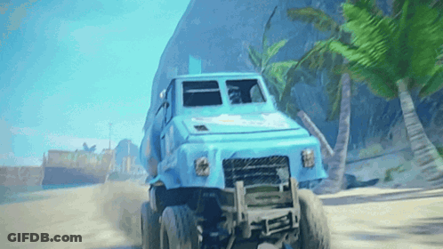 Blue Monster Truck Driving On Dirt Road Near Palm Trees GIF