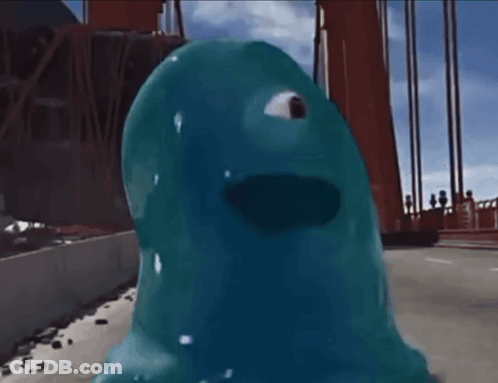 Blue Monster With Big Eye In Front Of Red Bridge GIF