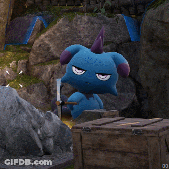 Blue Monster With Purple Horns Beside Box Saying CC GIF