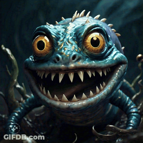 Blue Monster With Sharp Teeth Looking At Camera GIF