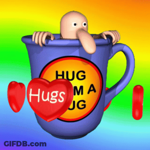 Blue Mug Saying Hugs GIF