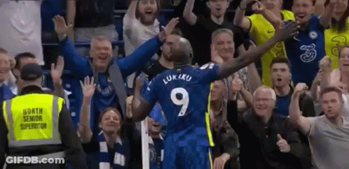 Blue Number 9 Soccer Player Celebrating With Fans GIF