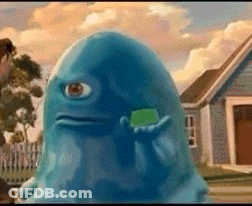 Blue One-Eyed Monster Holding Green Object GIF