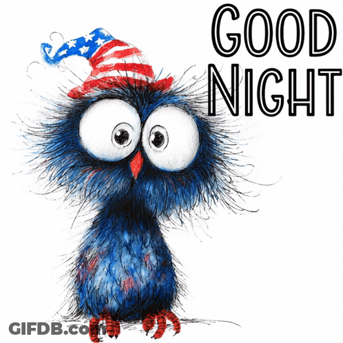 Blue Owl In Red White And Blue Hat Saying Good Night GIF