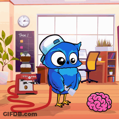Blue Owl Standing Next To Brain And Coffee Machine With Task GIF