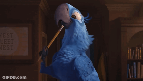 Blue Parrot With Pencil In Beak Saying Nest Meet Nest GIF