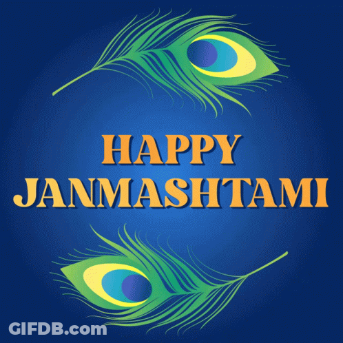 Blue Peacock Feathers Happy Janmashtami Orange GIF