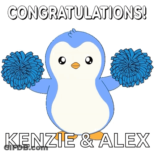 Blue Penguin Holding Blue Pom Poms Congratulations Kenzie & Alex GIF