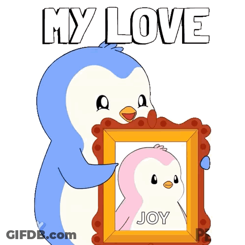 Blue Penguin Holding Picture Frame Saying My Love Joy GIF