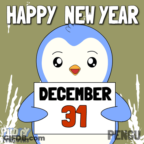 Blue Penguin Holding Sign Saying December 31 GIF