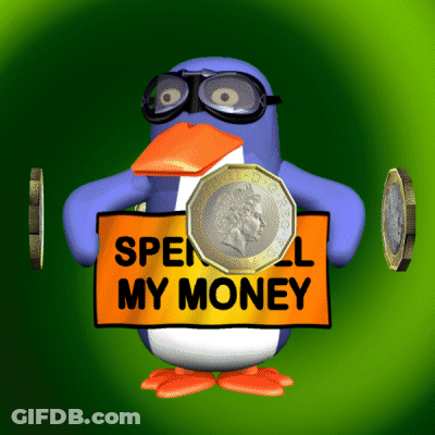 Blue Penguin Holding Sign Spell My Money GIF