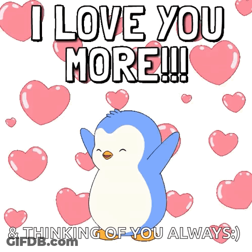 Blue Penguin Pink Hearts I Love You More GIF