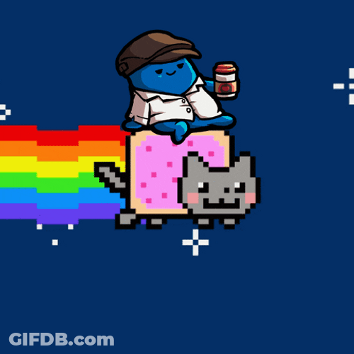 Blue Penguin Riding Rainbow Cat GIF