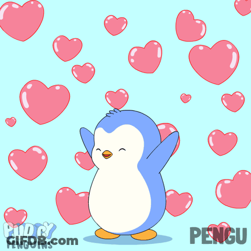 Blue Penguin With Pink Hearts And Pengu GIF