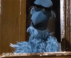 Blue Puppet Looking Out Window With Beard And Hat GIF