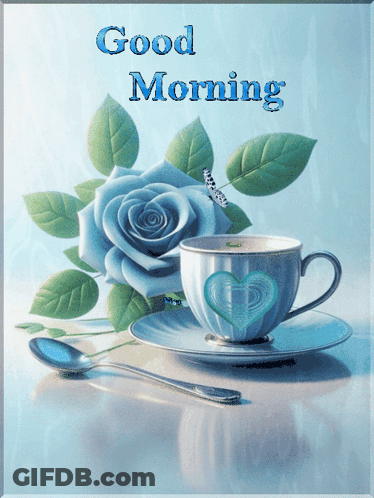 Blue Rose And Coffee Cup Good Morning GIF