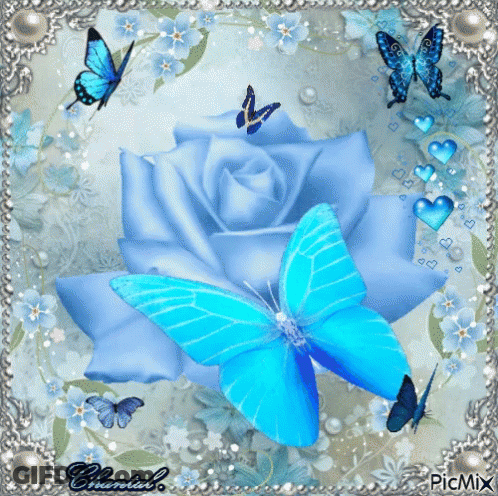 Blue Rose Surrounded By Blue Butterflies And Flowers GIF