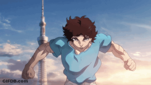 Blue Shirt Cartoon Running Past Tall Building GIF