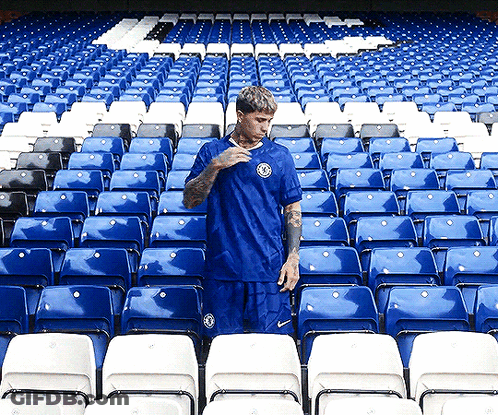 Blue Shirt Man At Stadium With Blue White Seats GIF