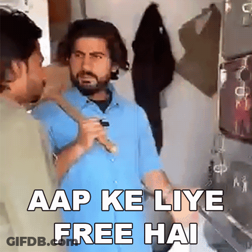 Blue Shirt Man Holding Stick, Another Says Aap Ke Liye Free Hai GIF